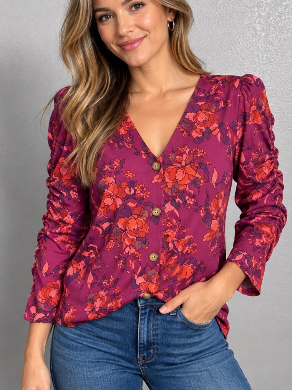 Maeve Anthropologie Large Purple Floral Ruched Sleeve Button Front Boho Blouse